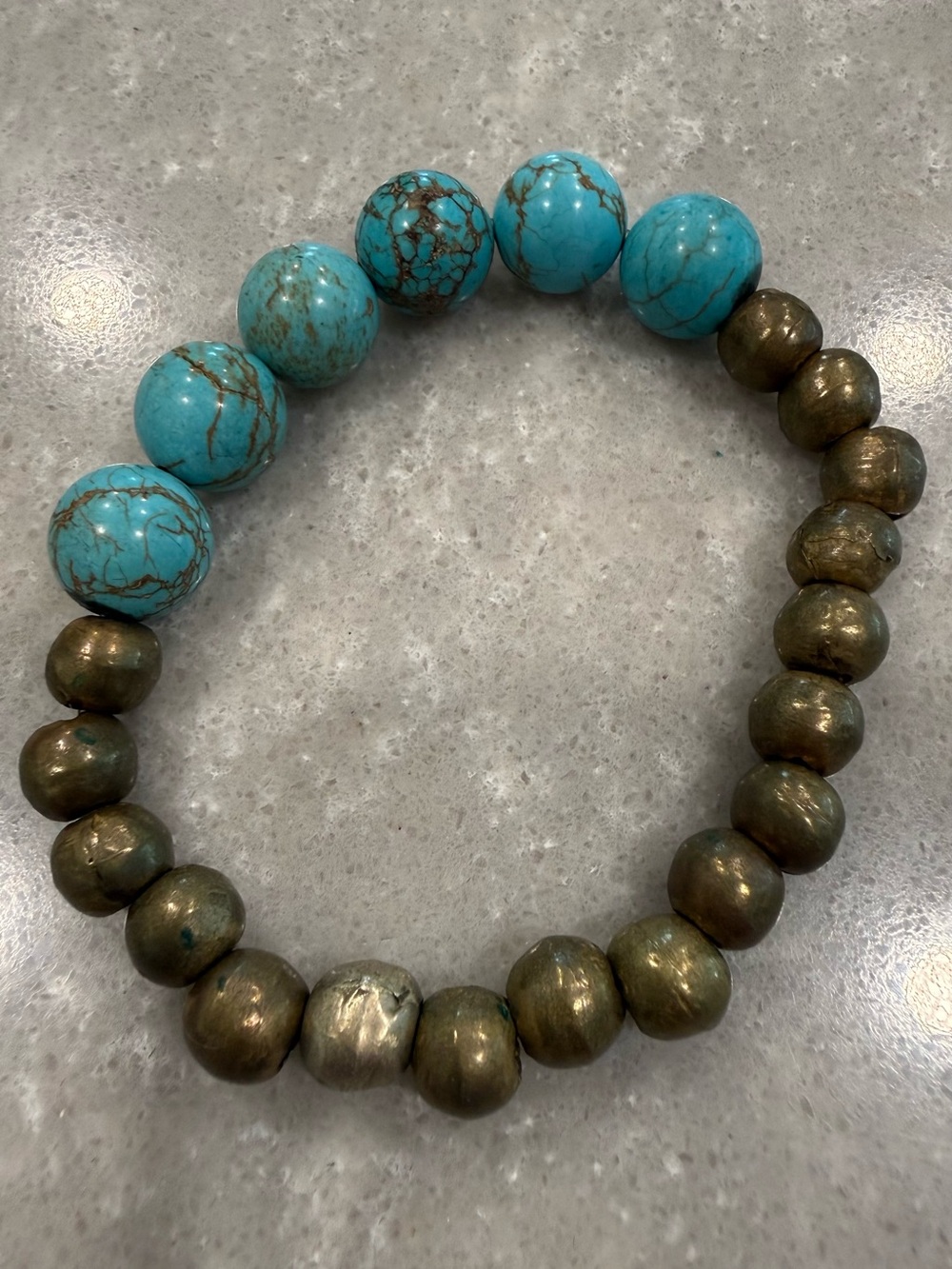 Turquoise Blue & Antique Gold Beaded Stretch Bracelet Boho Southwestern